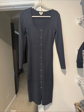 Up West Charcoal Ribbed Button-Front Long Sleeve Midi Dress